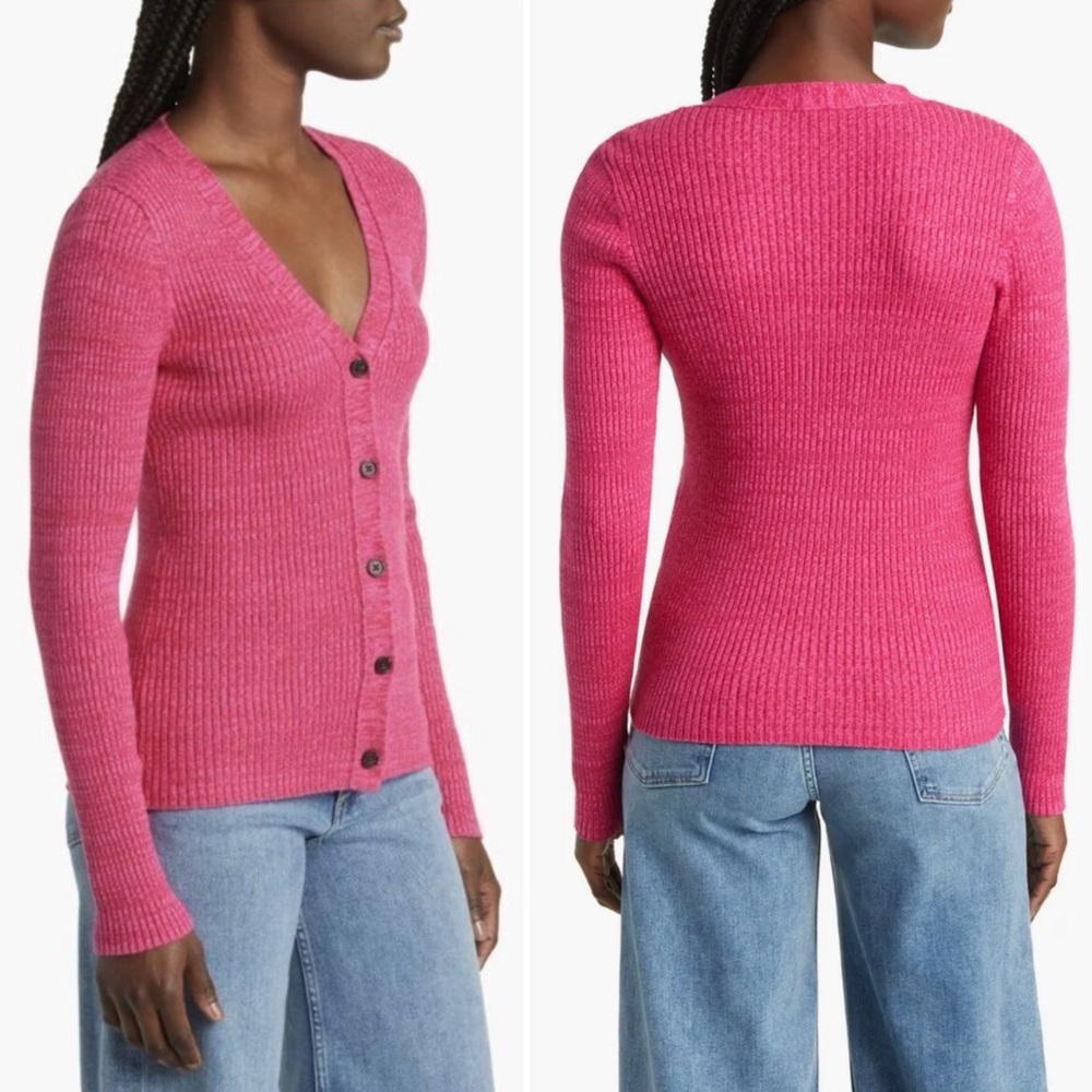 Rails Beau Rib Heather Magenta Pink Button Front Cotton Silk Cardigan Size M
